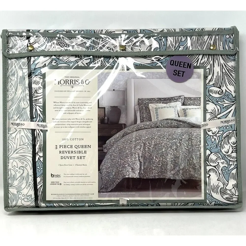 William MORRIS & CO. QUEEN Duvet Cover Set Teal White Floral Reversible COTTON